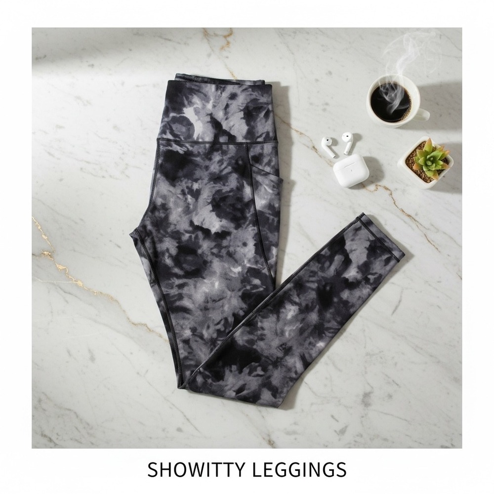 Showitty Womens Tie Dye High Waisted Yoga Leggings Black Grey Size L Pockets